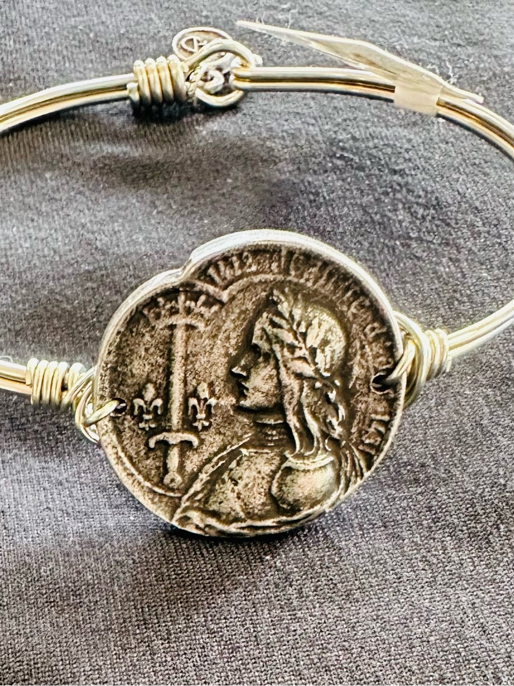 Luca + Danni Joan of Arc Coin Wire Bangle Bracelet Silver Tone Made in USA NWT